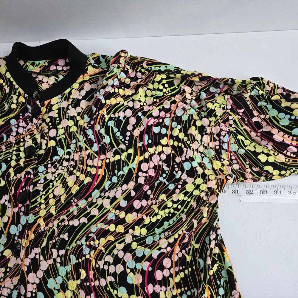 Loco Lindo Women's S M Black Multi Color‎ Bubble Print V Neck Button Up Top - Picture 2 of 6